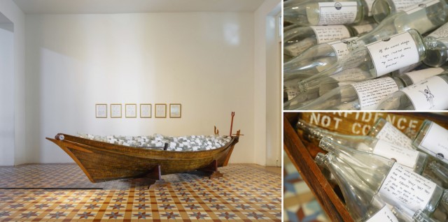 Ahmad Abu Bakar, Telok Blangah, 2013, Paint, varnish, glass bottles, decals and traditional wooden boat. Approx. 300 x 450 cm. 